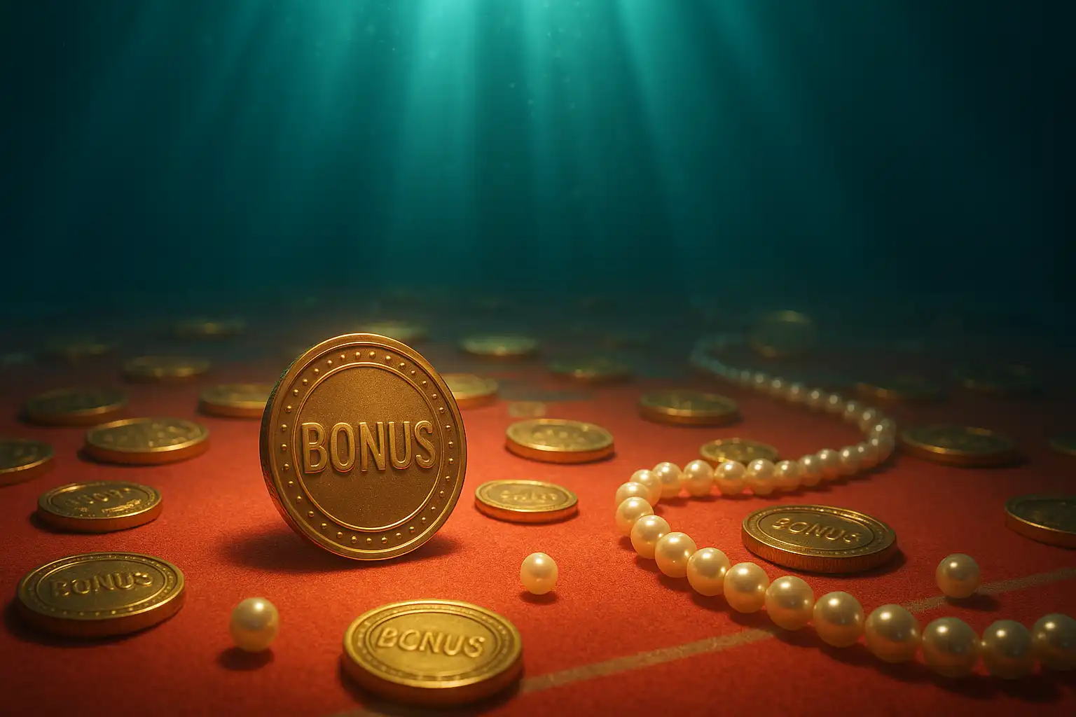 Golden bonus coins and pearls scattered across a coral casino table
