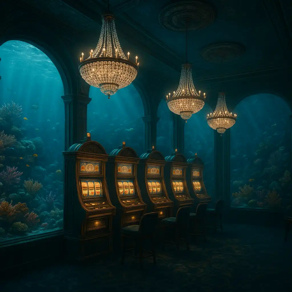 Underwater coral palace casino hall with glowing slot machines and pearl chandeliers