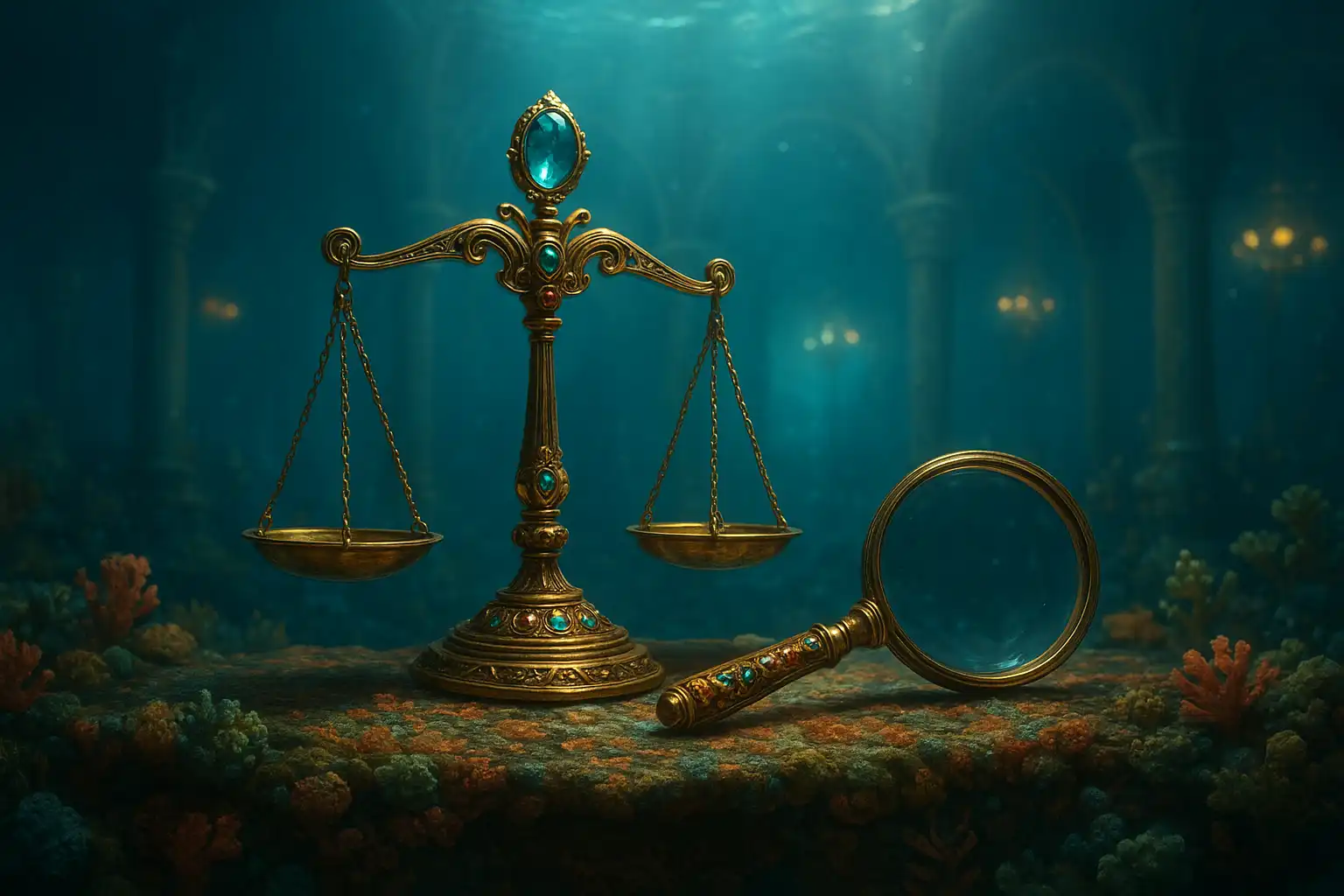 A jeweled scale and magnifying glass resting on a coral reef casino desk