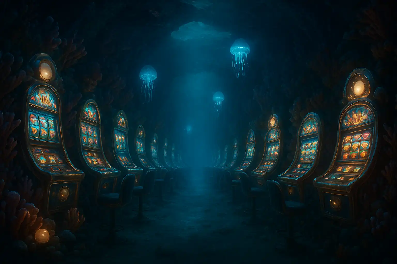 Rows of glowing slot machines lined along a coral corridor underwater